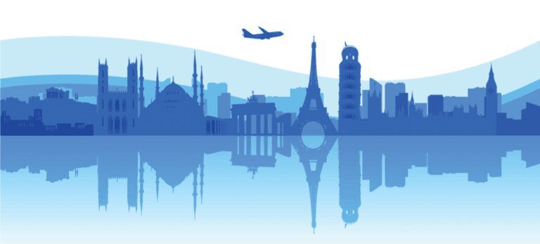 graphic of city on the water with an airplane flying over