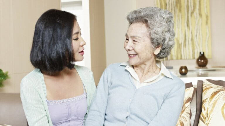 older daughter and mom looking at eachother