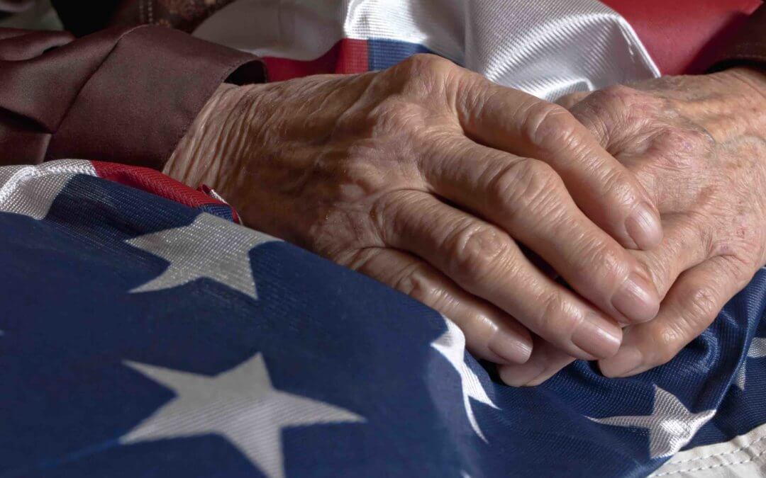 Elder person's hands holding an American flag