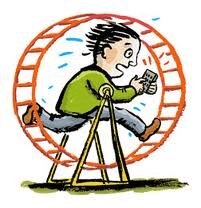 Illustration of man with calculator franticly running on gerbil wheel