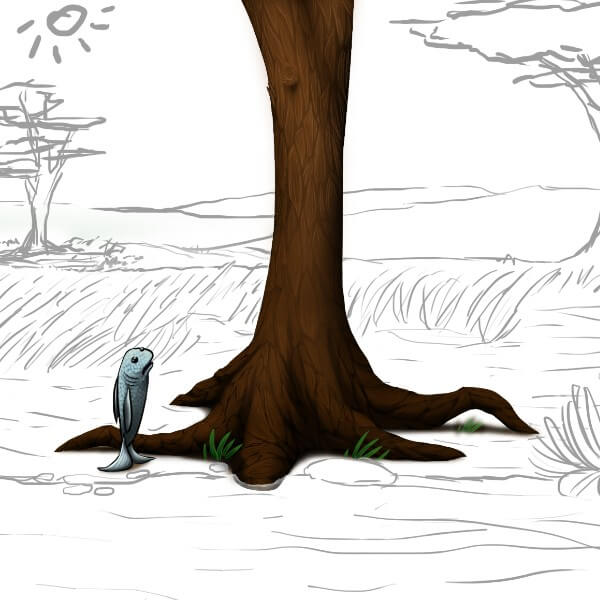 Illustration of a fish standing on back fins looking up at a tree trunk
