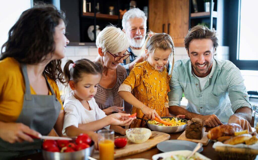 multi-generational family in kitchen