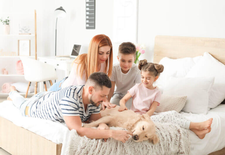 Happy family with dog in bedroom at home