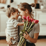 mom and child with flowers hugging