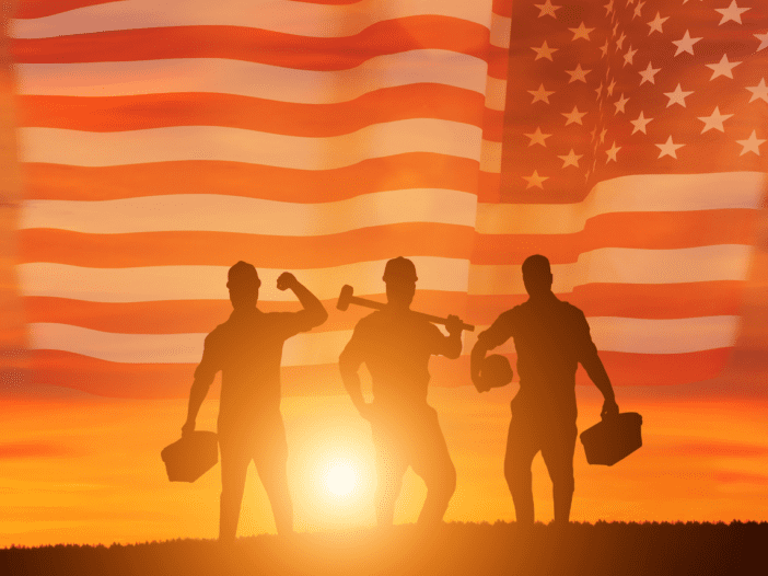 picture of workers with tools in their hand with an American flag background