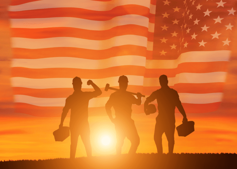 picture of workers with tools in their hand with an American flag background