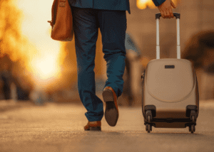 male business traveler rolling a suitcase