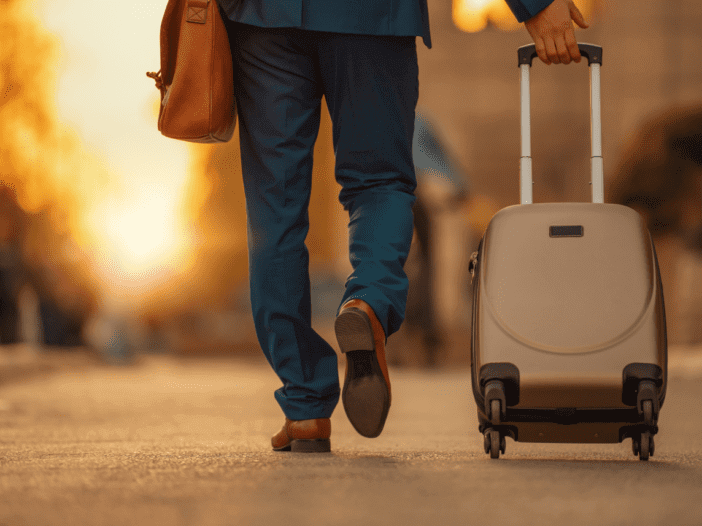 male business traveler rolling a suitcase