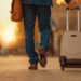 male business traveler rolling a suitcase