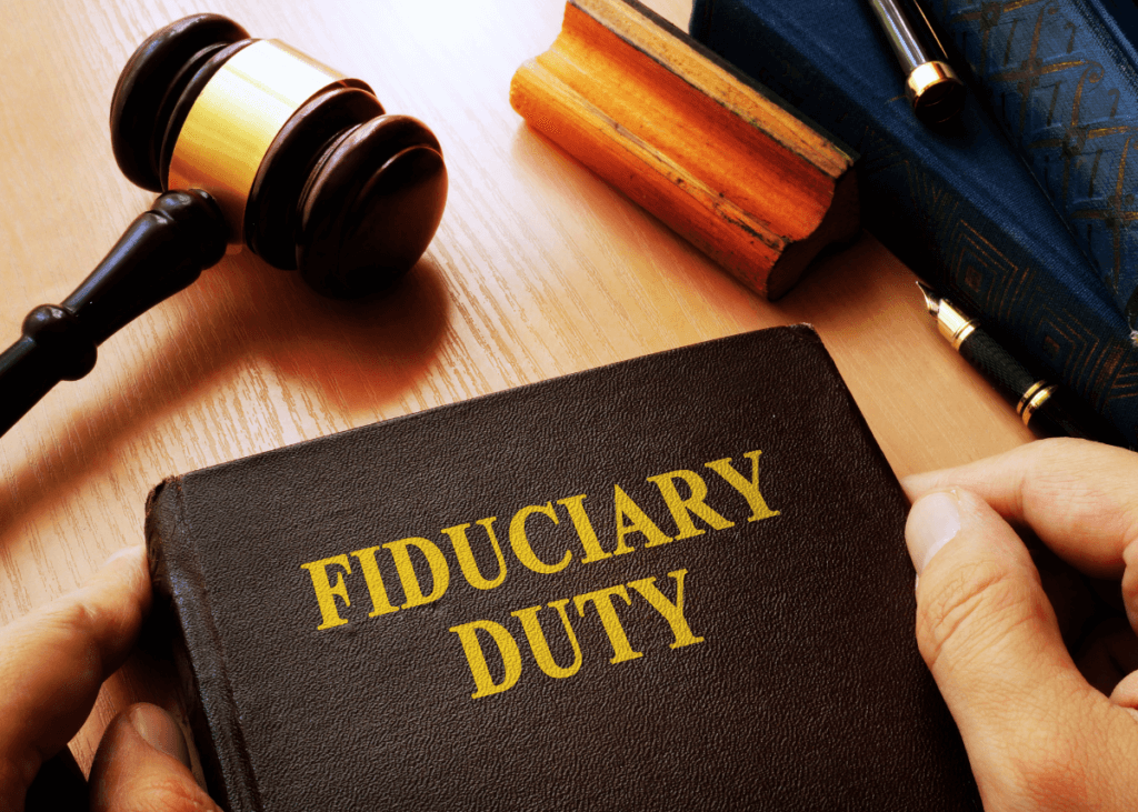 Gavel with a person holding a book about fiduciary duties.