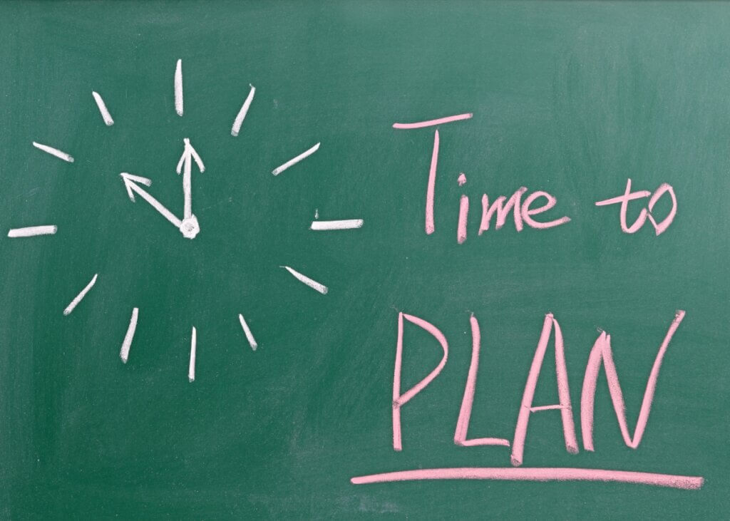 a picture of a chalkboard with a drawing of a clock and next to it says time to plan