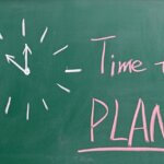 a picture of a chalkboard with a drawing of a clock and next to it says time to plan