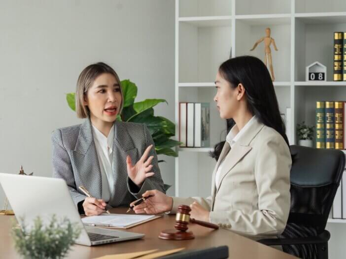 a lawyer talking to her client doing their mid year review