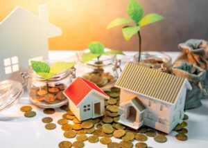 a little house figure with coins and plants surrounding it
