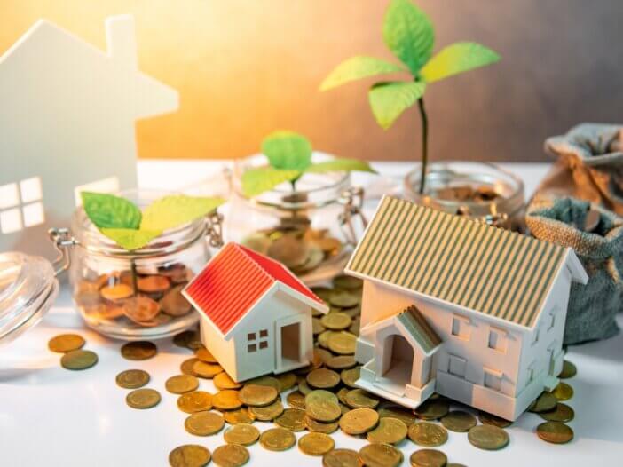 a little house figure with coins and plants surrounding it