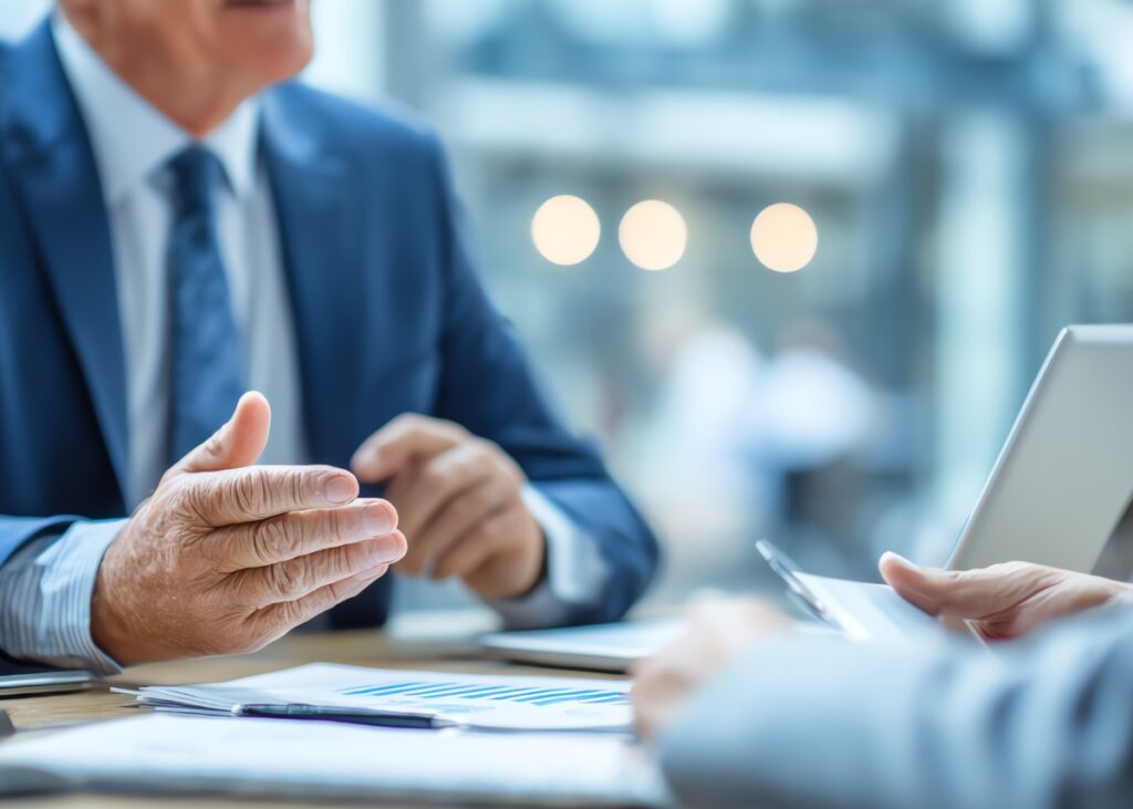 a person planning with an attorney for his business. you can see both of their hands and them reviewing documents