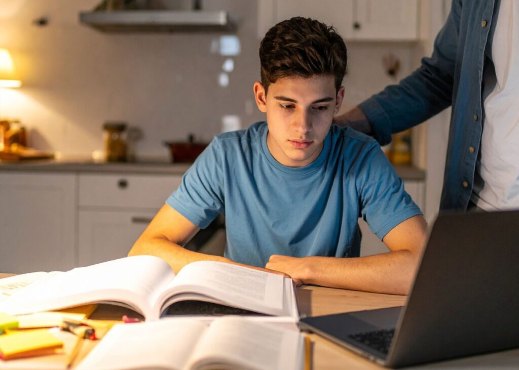 a parent standing over their young adult child as they are looking at documents and a computer