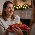 a parent giving their child a wrapped gift