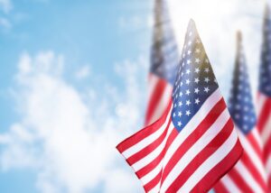 a bunch of American flags flying in the wind in honor of Veterans