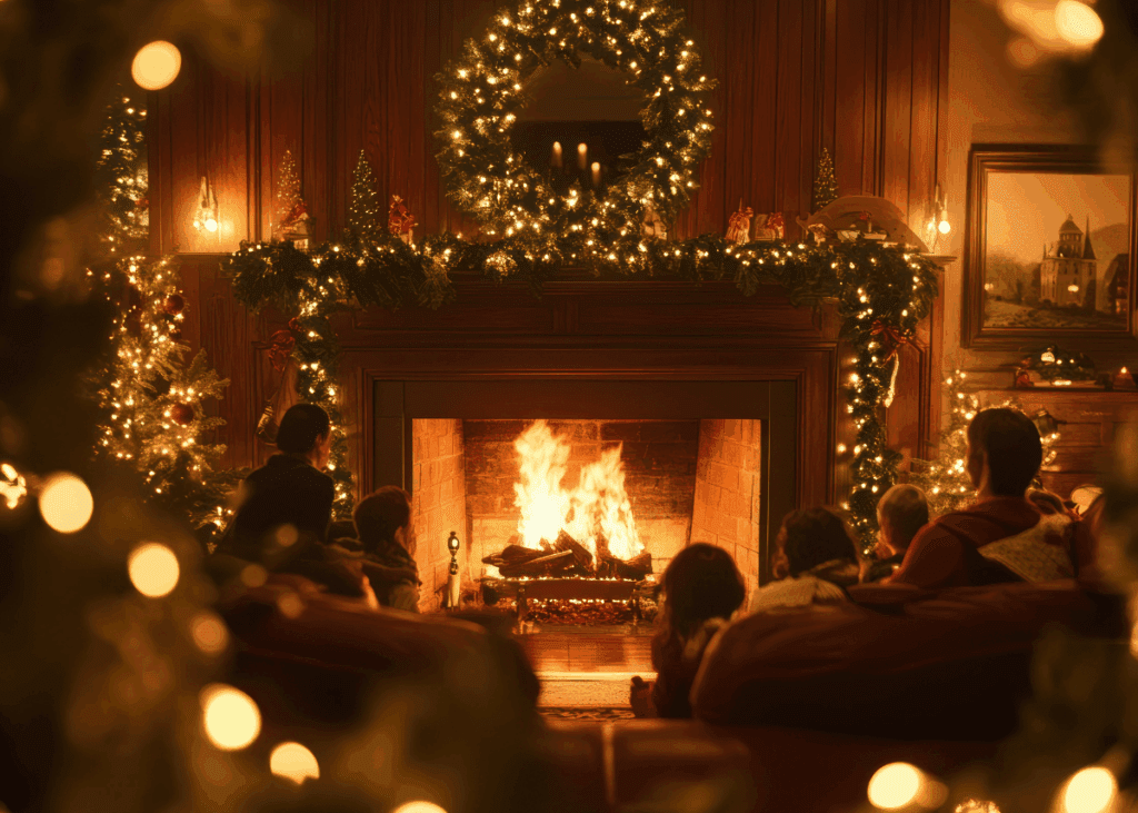 Family at christmas time curled up by the fire place