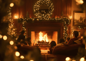 Family at christmas time curled up by the fire place
